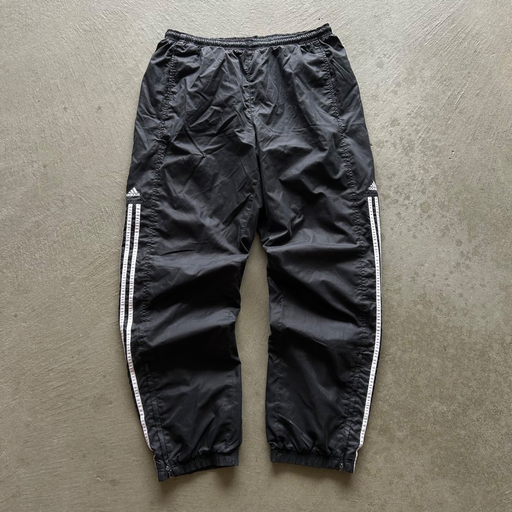 Vintage 90s Adidas Track Pants Size Medium Black White Nylon Striped Sweatpants